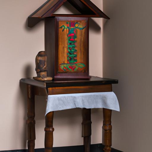 Bàn thờ gia tiên gỗ nhỏ với chiều cao thấp được đặt góc phòng ngủ ấm cúng.