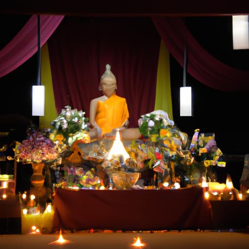 Bàn thờ lớn với tượng Phật Địa Lạc toả sáng và được bày trí xung quanh những nến và món quà.
