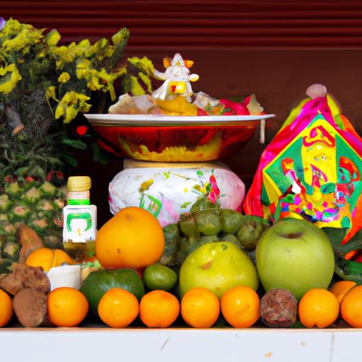 Bàn thờ nhỏ với tượng Phật Địa Lạc được bày trí xung quanh các món quà gồm hoa, trái cây và hương.