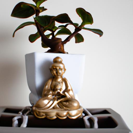 Một bàn thờ Phật nhỏ với một chậu cây