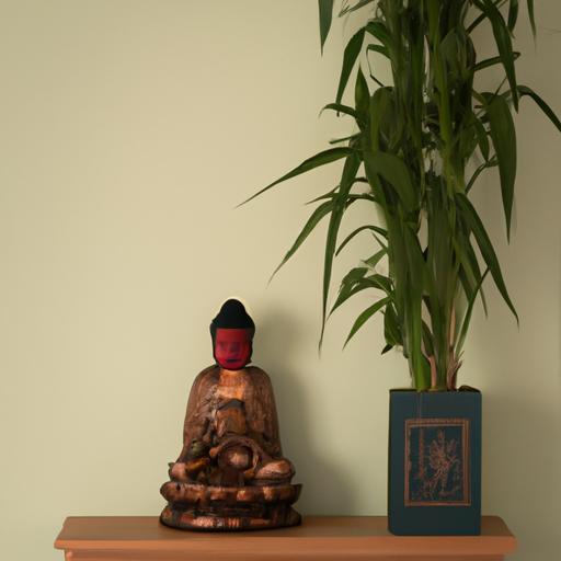Một bàn thờ Phật với cây xanh cao đứng ở góc