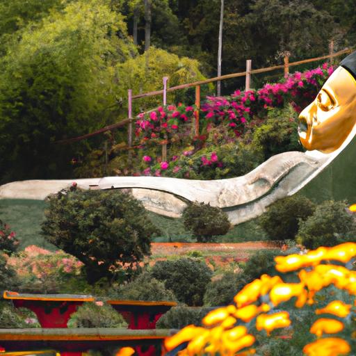Cảnh quan tuyệt đẹp với tượng Phật nằm khổng lồ trong khu vườn đẹp