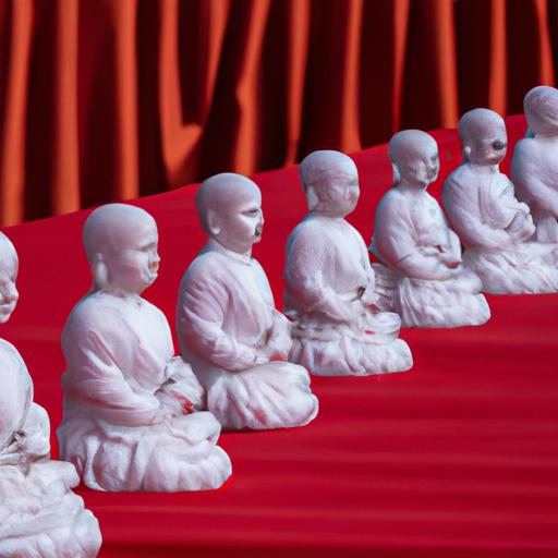 Dãy tượng Phật Quan Âm bằng sứ trắng cùng kích thước và tư thế trên nền vải đỏ