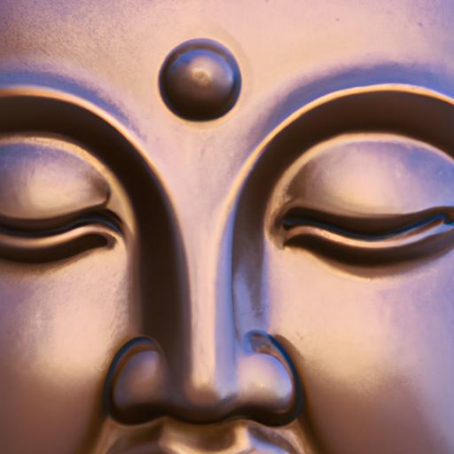 Gần cảnh khuôn mặt Phật với nét mặt thanh tịnh và mắt thứ ba trên trán