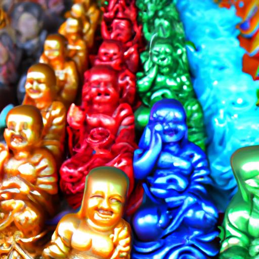 Một hàng loạt các tượng phật đại the chí bồ tát màu sắc đa dạng được bán tại chợ