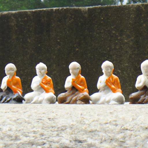 Một hàng những tượng Phật Di Lặc nhỏ với nhiều tư thế khác nhau