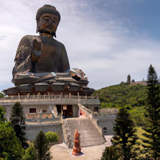 Một cảnh quan rộng lớn của đền chùa với tượng đồng Phật lớn nằm phía trước