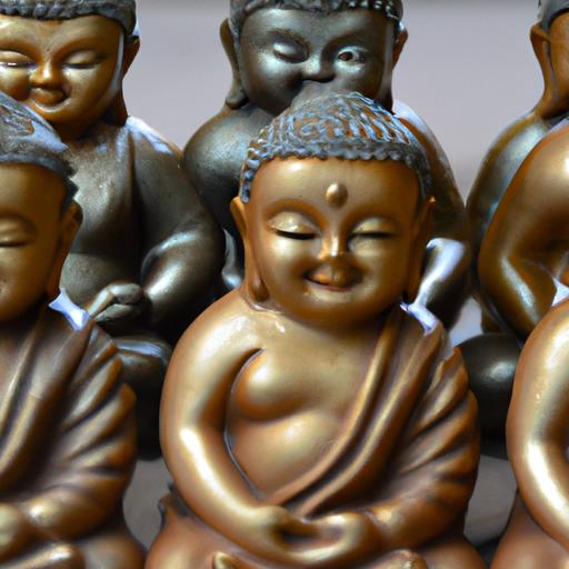 Một nhóm các Tượng Phật Gỗ Mini với các tư thế và biểu cảm khác nhau.