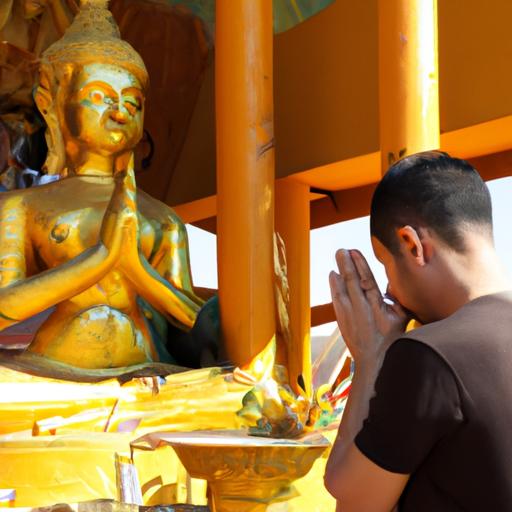 Người đàn ông cầu nguyện trước tượng Phật Di Lặc