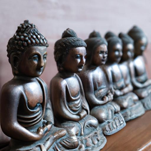 Nhóm tượng đồng Phật nhỏ được sắp xếp gọn gàng trên kệ gỗ