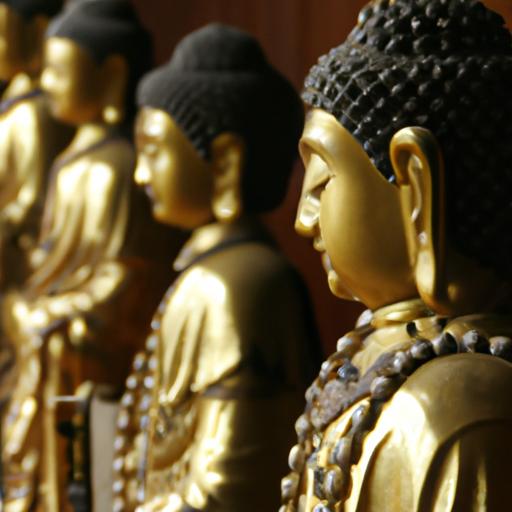 Những tượng Phật A Di Đà đeo chuỗi hạt xếp hàng trong đền