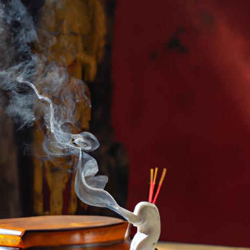 Tượng Di Lặc được đặt trên bàn thờ gỗ với khói hương phảng phất phía sau