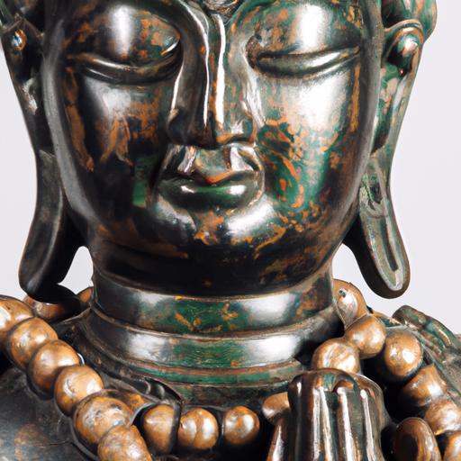 Tượng Phật A Di Đà bằng đồng mặt gần đeo chuỗi hạt