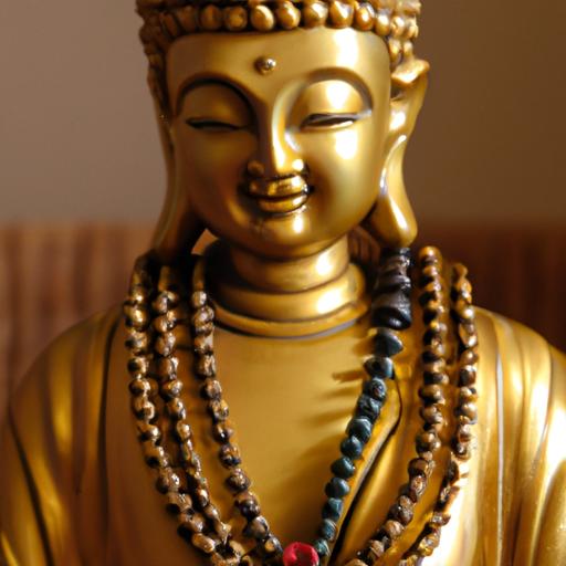 Tượng Phật A Di Đà vàng đeo chuỗi hạt tinh xảo