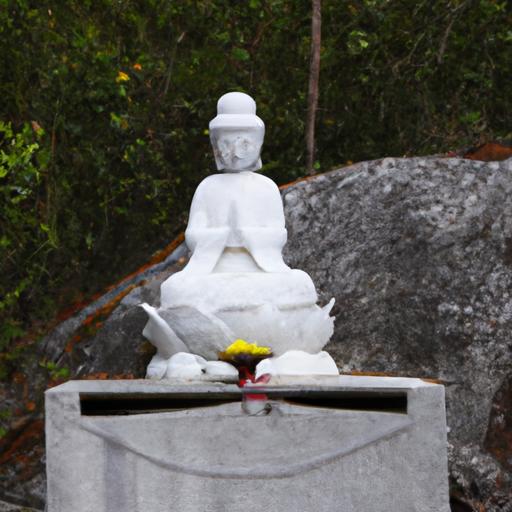 Tượng Phật Địa Lạc được làm bằng đá hoa cương trắng và đặt trên bàn thờ đá.