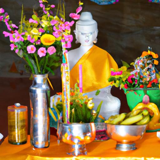Tượng Phật được bao quanh bởi các vật phẩm cúng dường cho Tho Phật Đản Sanh