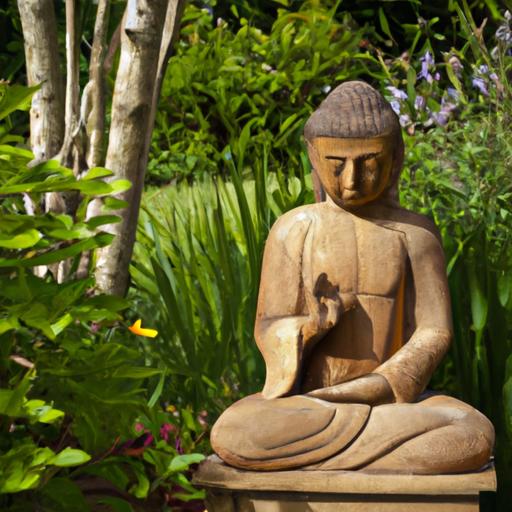 Tượng Phật gỗ thủy tùng trong khu vườn yên bình