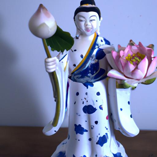 Tượng Phật Quan Âm bằng sứ mặc áo dài truyền thống Việt Nam và cầm hoa sen trong tay