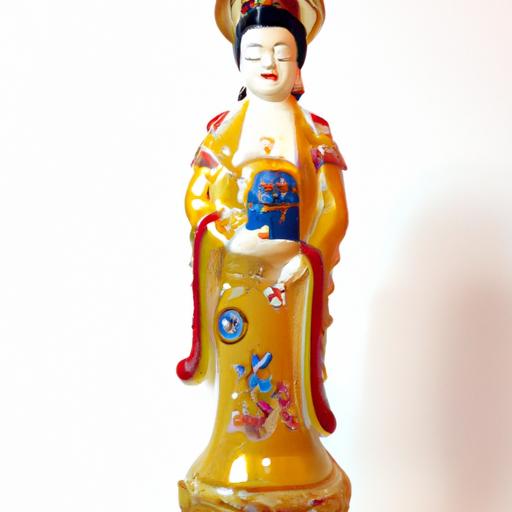 Tượng Phật Quan Âm bằng sứ với lớp phủ vàng và hoa văn trang trí