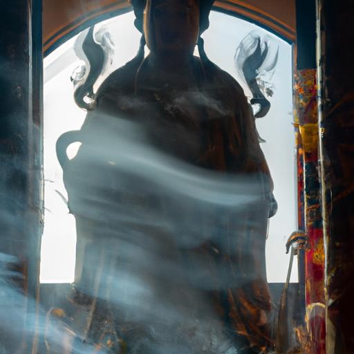 Tượng đá lớn của Quan Thế Âm Bồ Tát, được bao quanh bởi khói nhang trong một ngôi đền