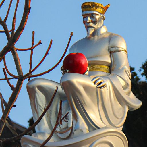 Tượng tây phương thần tài mặc áo đỏ và cầm quả đào.