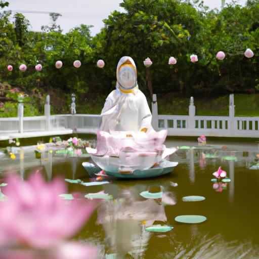 Tượng Quan Âm Bồ Tát trong một khu vườn yên bình với hồ sen